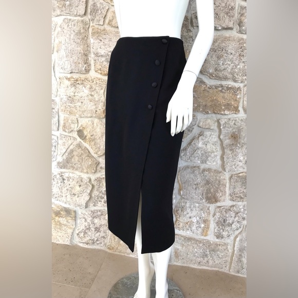 Vintage 1990s Anne Klein II Black Tuxedo Stripe Wrap Front Skirt Classic Elegant - Picture 3 of 16